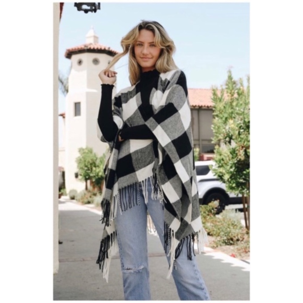 Ivory & Black Buffalo Plaid Poncho Sweater Wrap - Picture 7 of 9